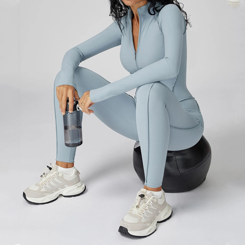 Yoga Bodysuit Long Sleeve Zipper Jumpsuit Gym Fitness Tights