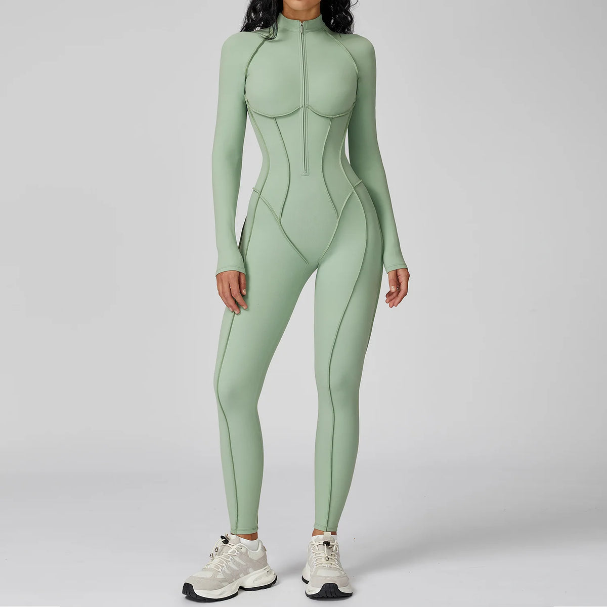 Yoga Bodysuit Long Sleeve Zipper Jumpsuit Gym Fitness Tights