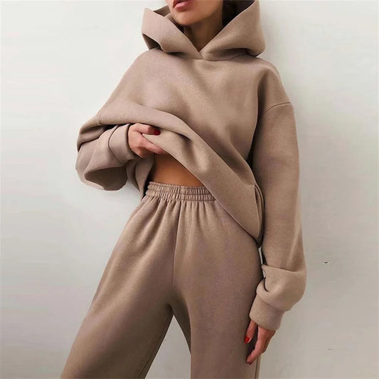 Womens Oversized Tracksuit Set warm hoodie sweatshirt and pants in beige on model.