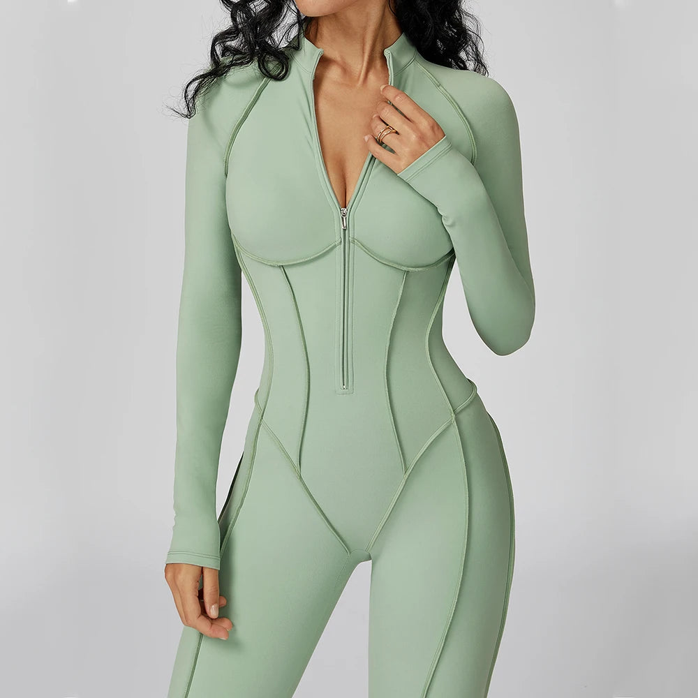 Yoga Bodysuit Long Sleeve Zipper Jumpsuit Gym Fitness Tights
