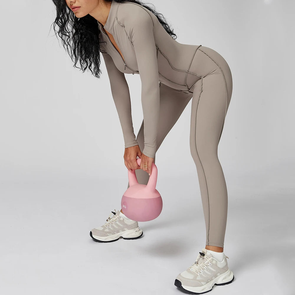 Yoga Bodysuit Long Sleeve Zipper Jumpsuit Gym Fitness Tights