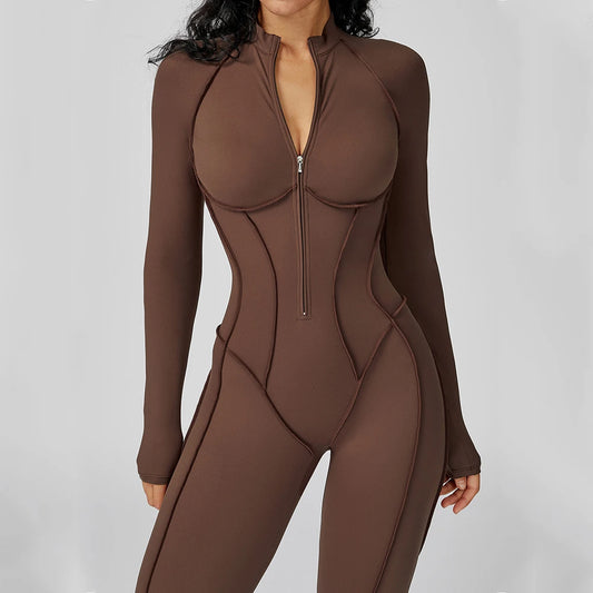 Yoga Bodysuit Long Sleeve Zipper Jumpsuit Gym Fitness Tights
