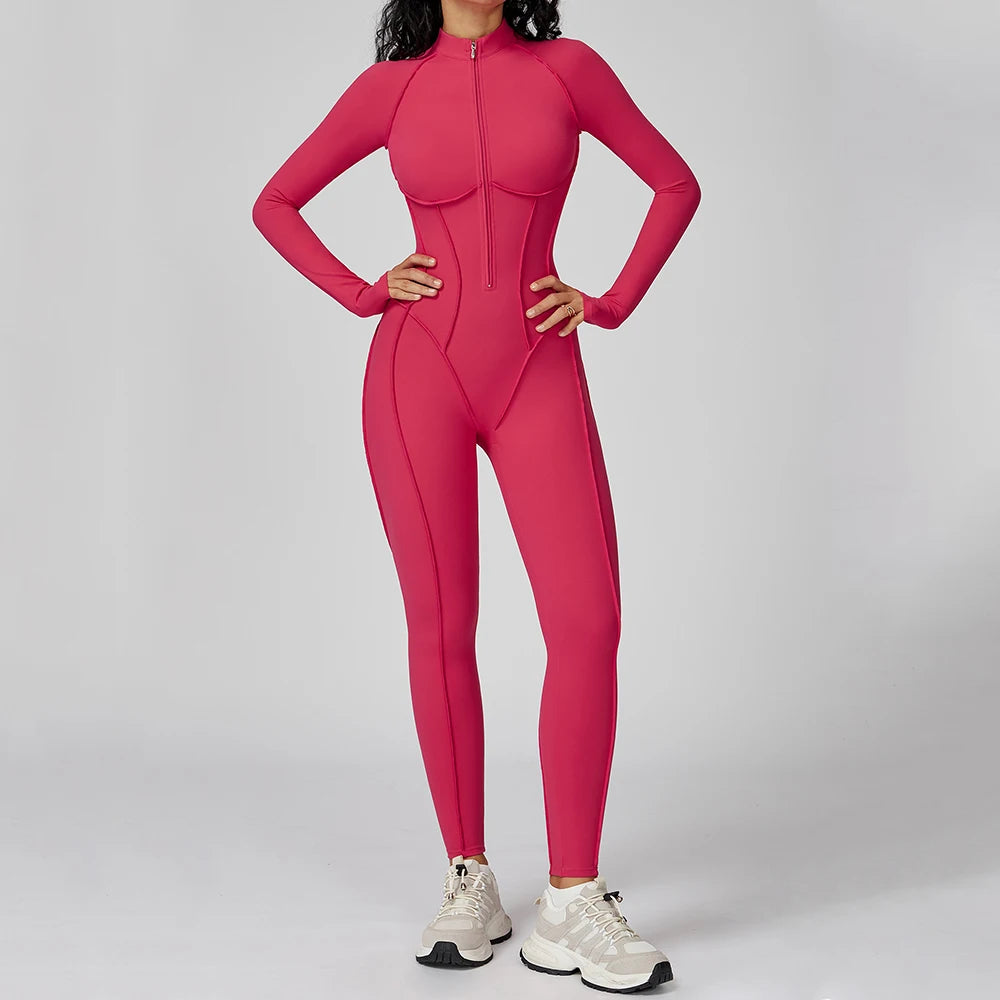 Yoga Bodysuit Long Sleeve Zipper Jumpsuit Gym Fitness Tights