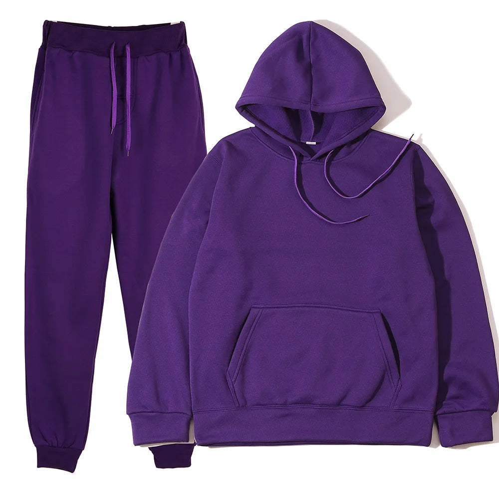 Men's Tracksuit Solid Color Hoodie Pants Two Piece Sports Set
