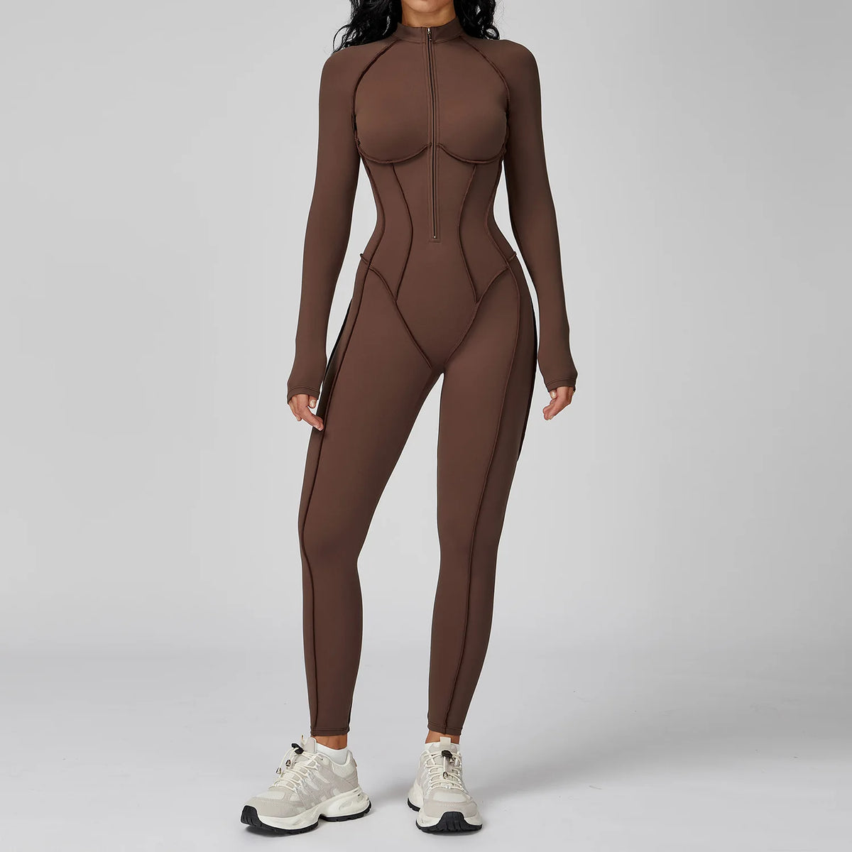 Yoga Bodysuit Long Sleeve Zipper Jumpsuit Gym Fitness Tights