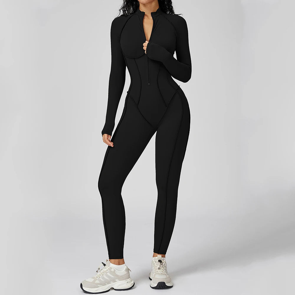 Yoga Bodysuit Long Sleeve Zipper Jumpsuit Gym Fitness Tights